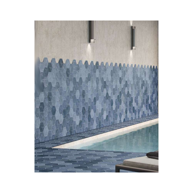 Carrelage hexagone tomette imitation beton bleu dénuancé mat, sol et mur, 23x27cm, duresix saona azul