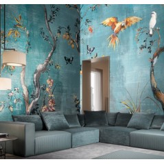 Papier peint en fibre de verre pour mur de salle de bain IBIS_INKUAHB1902b, oiseaux sur fond bleu