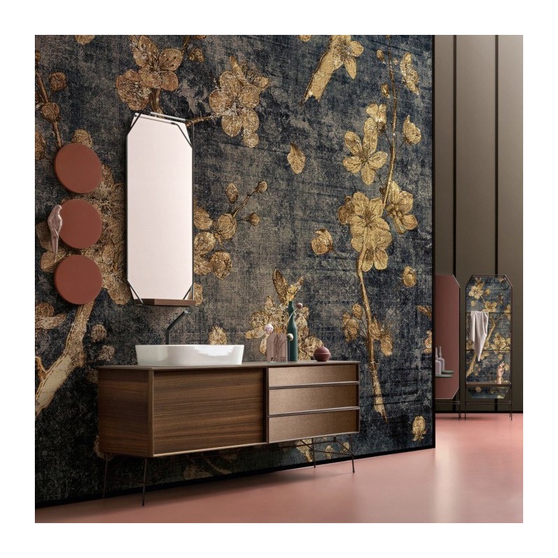 Papier peint en fibre de verre pour mur de salle de bain INKYFIT1802-1 fleur beige sur fond bleu