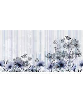 Papier peint en fibre de verre pour mur de salle de bain FLOWERLINES_INKLSMQ2003 fleurs noires sur fond bleu