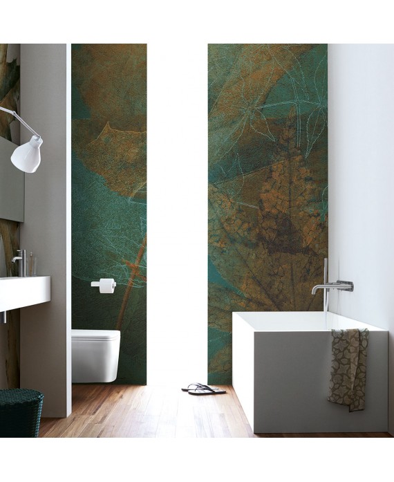 Papier peint en fibre de verre pour mur de salle de bain FALLING_INKFLMW1901feuile sur fond vert