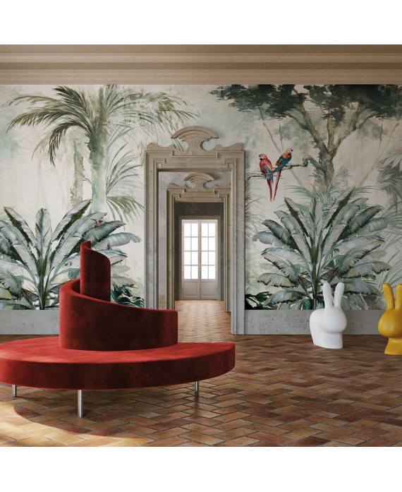 Papier peint en fibre de verre pour mur de salle de bain MONTSALVAT_INKOVOT19 jungle au perroquet