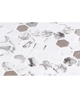 Emaux de verre hexagonnal melange de blanc, marbré, argent sur plaque de 30.1x29cm mur habana copper