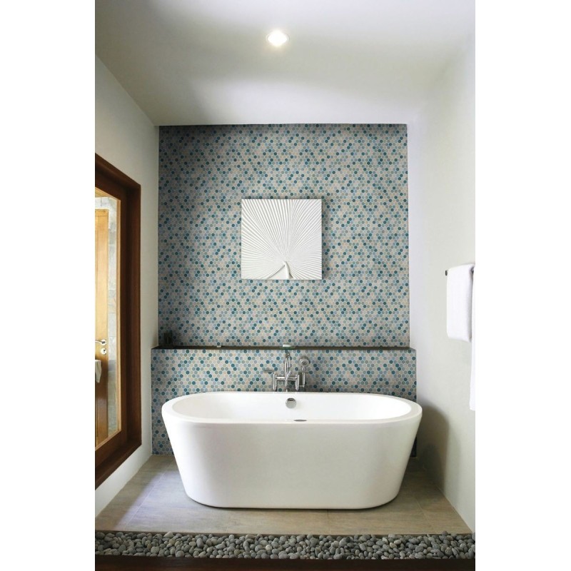 Emaux de verre hexagonal melange de blanc, decor nacré, bleu D:3.175cm sur plaque de 30.1x29cm mur blend onxseagreen
