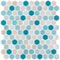 Emaux de verre hexagonal melange de blanc, decor nacré, bleu D:3.175cm sur plaque de 30.1x29cm mur blend onxseagreen