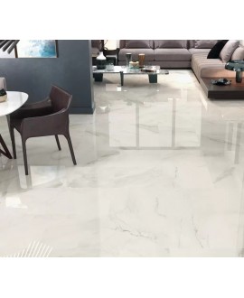 Carrelage imitation marbre blanc veiné de noir poli brillant, salon, XXL 98x98cm rectifié, Porce1811 Duomo