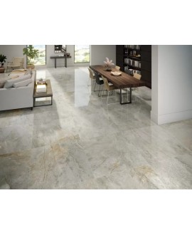 Carrelage imitation marbre gris clair poli brillant, salon, XXL 98x98cm rectifié, Porce1851 light