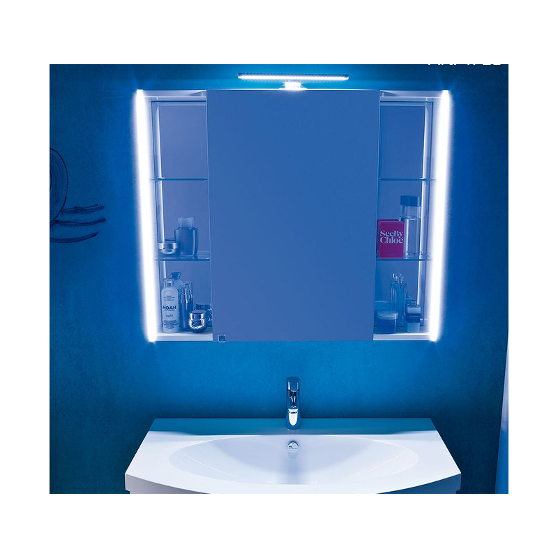 Miroir contemporain, lumineux salle de bain, avec porte, L 85cm, P 15cm, H 75cm, comp tail 4720.