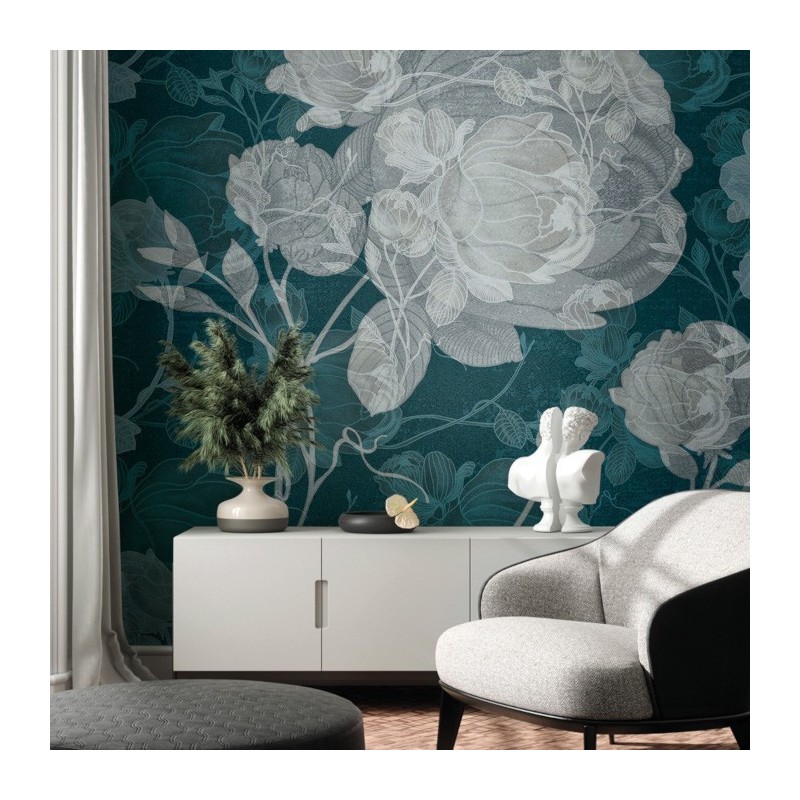 Papier peint vinyle pour mur de salle de bain ELIZABETH_INKYHAN2001 fleurs blanches