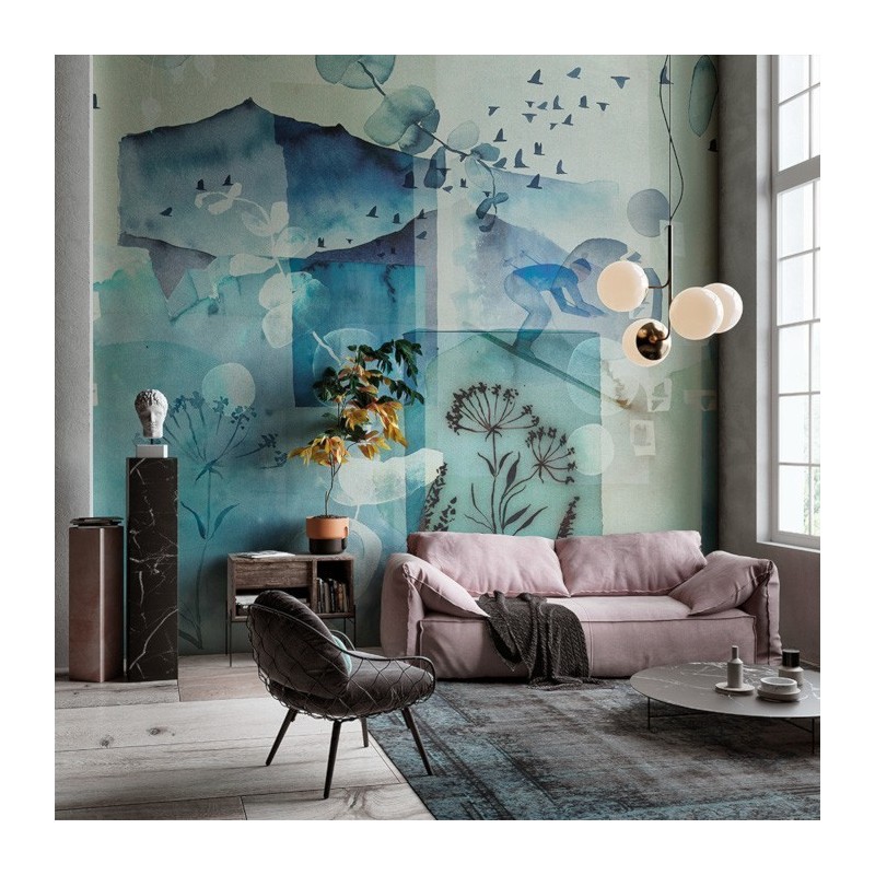 Papier peint vinyle pour mur de salle de bain INVERNO_INKNINP20 montagne bleue