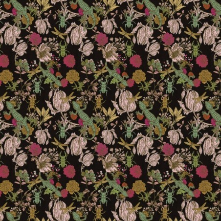 Papier peint vinyle pour mur de salle de bain PROMENADE_INKCOGZ2001 fleur et lezard sur fond noir