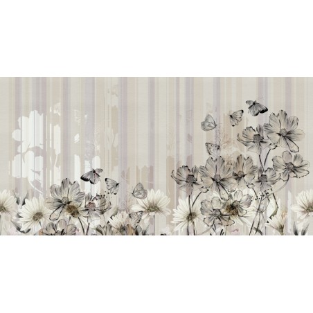 Papier peint vinyle pour mur de salle de bain FLOWERLINES_INKLSMQ2002 fleurs noires sur fond beige