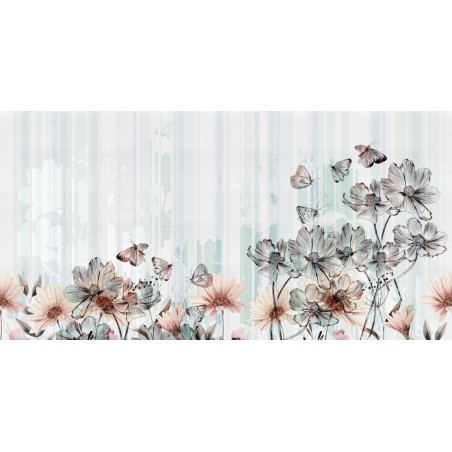 Papier peint vinyle pour mur de salle de bain FLOWERLINES_INKLSMQ2001 fleurs noires sur fond vert