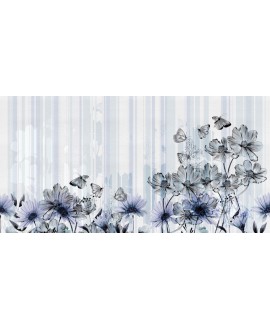 Papier peint vinyle pour mur de salle de bain FLOWERLINES_INKLSMQ2003 fleurs noires sur fond bleu
