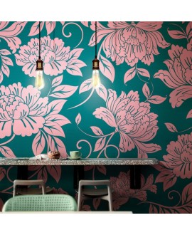 Papier peint vinyle pour mur de salle de bain CHRYSAN_INKDNXU1503_AMB fleur rose sur fond vert
