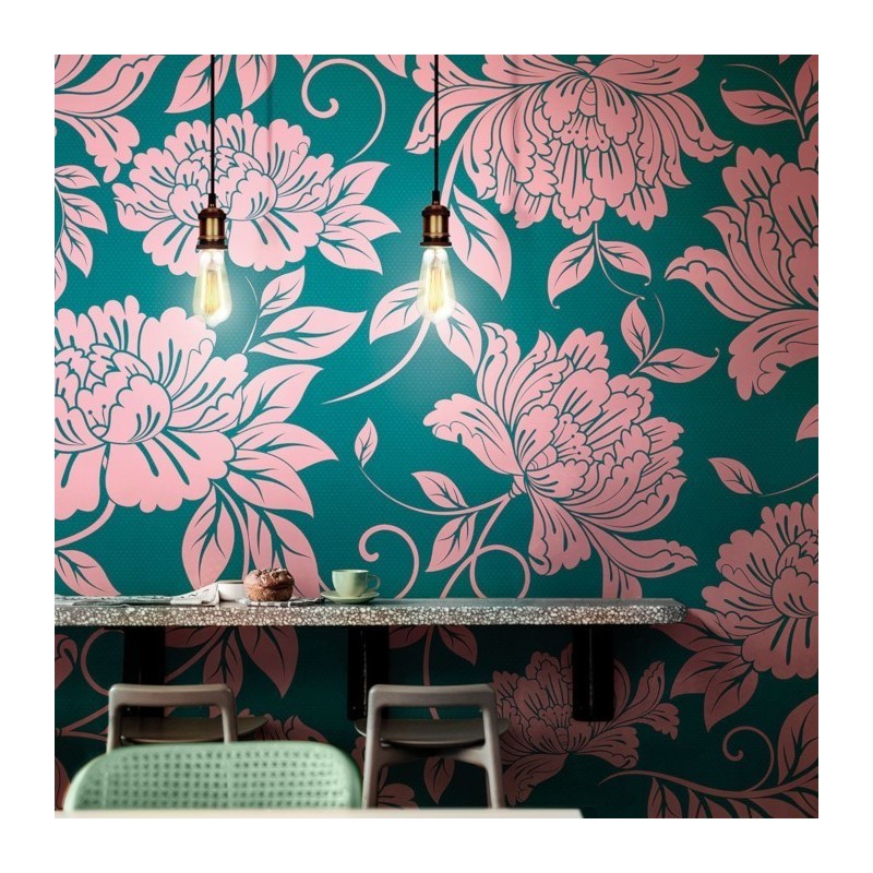 Papier peint vinyle pour mur de salle de bain CHRYSAN_INKDNXU1503_AMB fleur rose sur fond vert