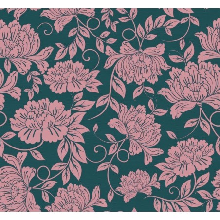 Papier peint vinyle pour mur de salle de bain CHRYSAN_INKDNXU1503_AMB fleur rose sur fond vert