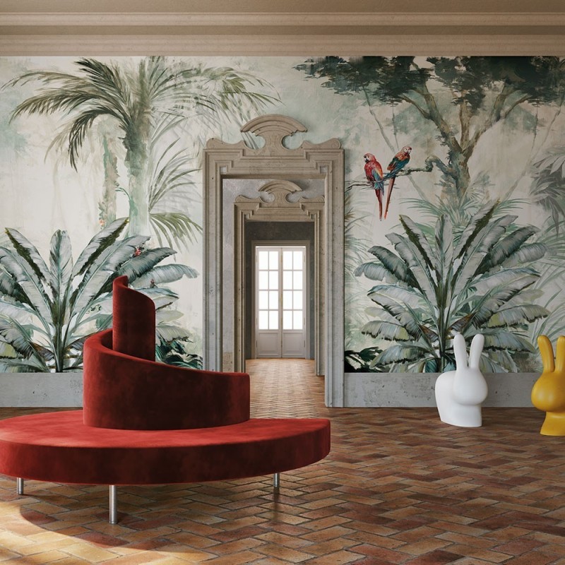 Papier peint vinyle pour mur de salle de bain MONTSALVAT_INKOVOT19 jungle au perroquet