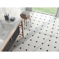 Carrelage salle de bain octogone blanc mat 20x20cm avec cabochon noir ou blanc 5x5cm apeeight blanc