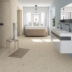 Carrelage imitation terrazzo teinté dans la masse, sur fond creme rectifié 59.3x59.3, 80x80, 120x120cm Vjanty crema