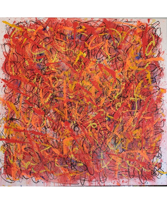 Peinture contemporaine, tableau moderne abstrait, acrylique sur toile 100x100cm, étude en rouge et orange