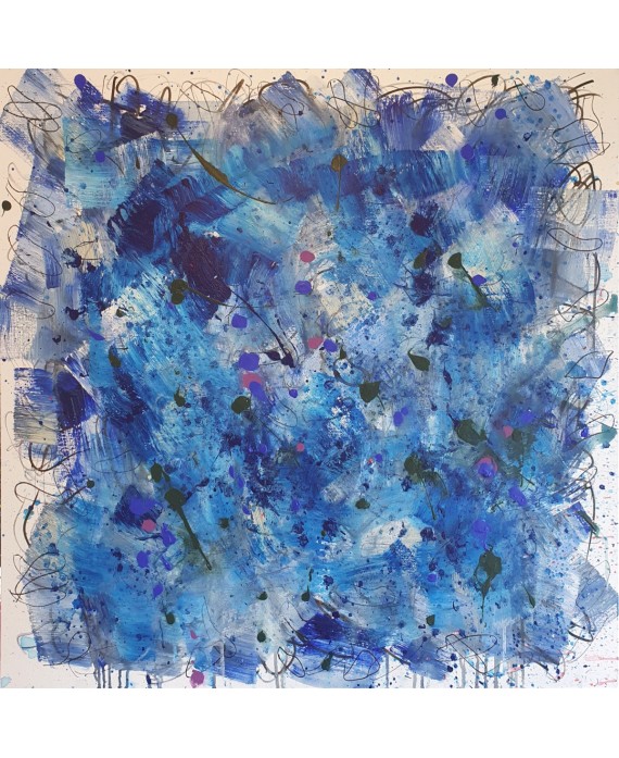 Peinture contemporaine, tableau moderne abstrait, acrylique sur toile 100x100cm, étude en bleu
