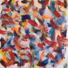 Tableau contemporain, peinture moderne figurative, acrylique sur toile 100x100cm intitulée: grosse friture rouge et bleu.