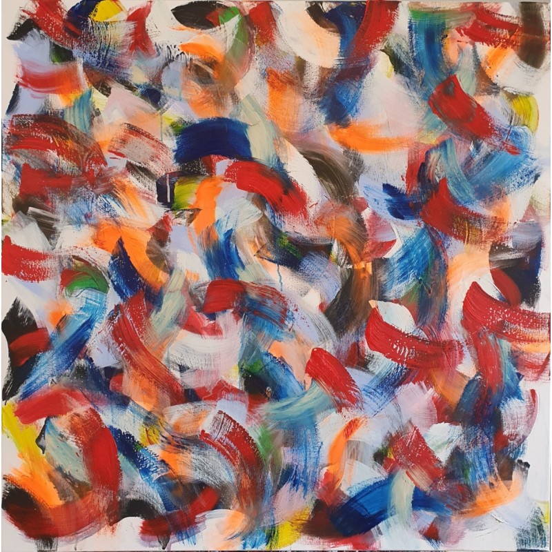 Tableau contemporain, peinture moderne figurative, acrylique sur toile 100x100cm intitulée: grosse friture rouge et bleu.