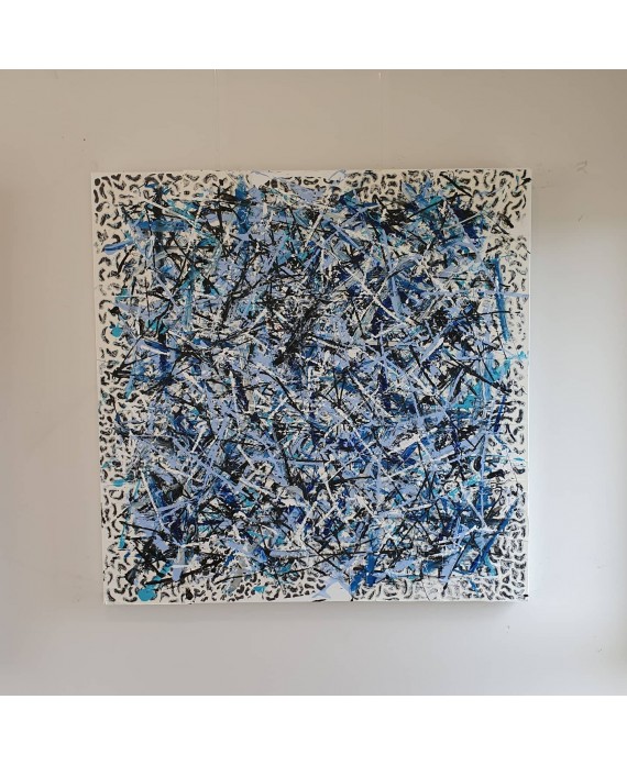 Peinture contemporaine, tableau moderne abstrait, acrylique sur toile 100x100cm, étude en bleu strié