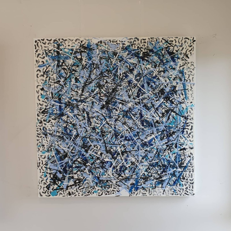 Peinture contemporaine, tableau moderne abstrait, acrylique sur toile 100x100cm, étude en bleu strié