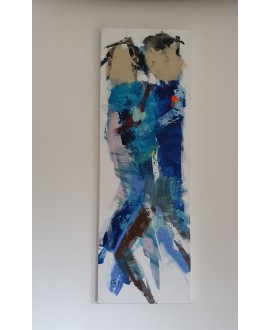 Peinture contemporaine, tableau moderne figuratif, acrylique sur toile, HQM bleu 40x120cm.