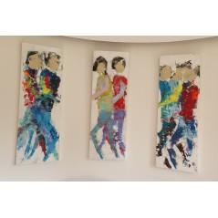 Peinture contemporaine, tableau moderne figuratif, acrylique sur toile, triptyque, HQM2 3 fois 40x120cm.