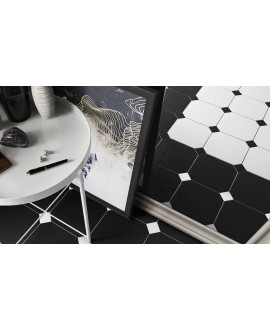 Carrelage octogone imitation ciment mat noir vieilli 20x20cm cabochon noir blanc et gris 4.6x4.6cm, equipoctogo noir