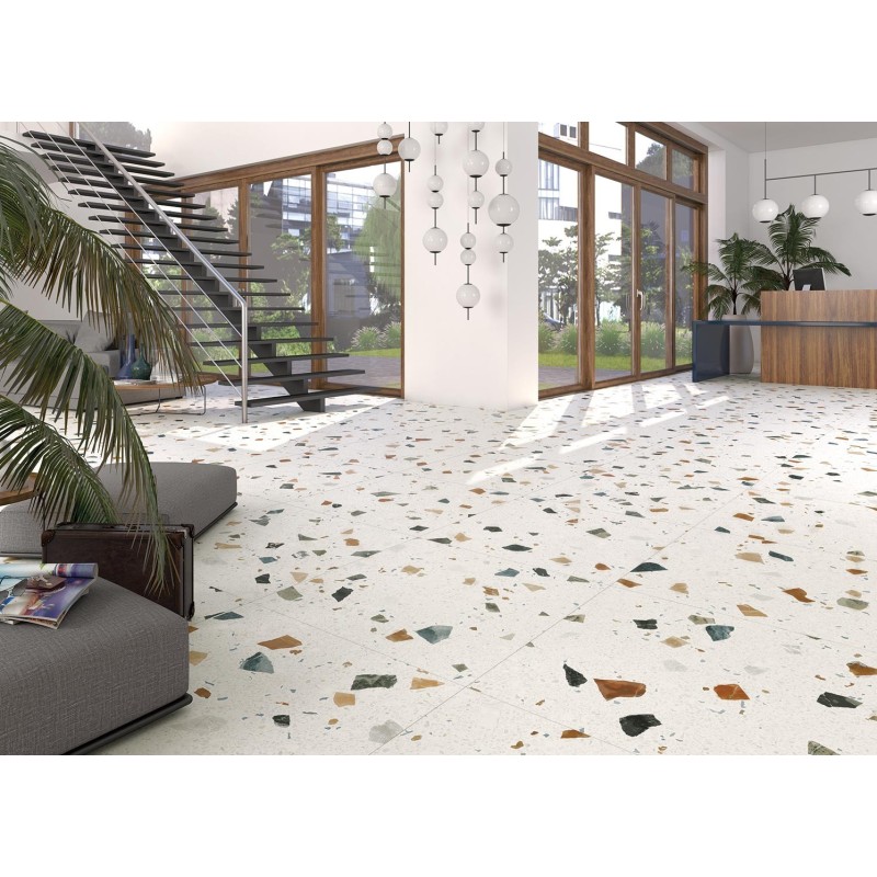 Carrelage imitation terrazzo et granito fond blanc poli brillant coloré 79.3x79.3cm rectifié, arcastracciatella nacar