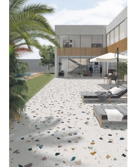 Carrelage imitation terrazzo blanc mat coloré, 120x120cm et 60x60cm rectifié, arcastracciatella nacar antidérapant R10