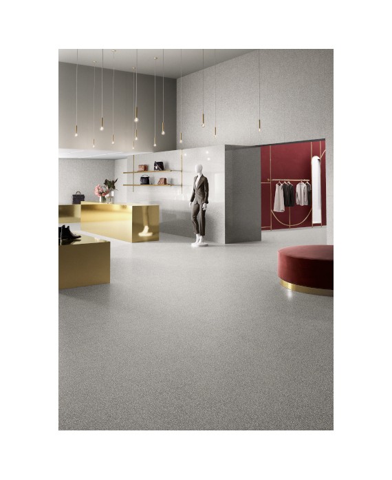 Carrelage effet terrazzo et granito, magasin, XXL 120x120cm rectifié, santanewdeco grey mat