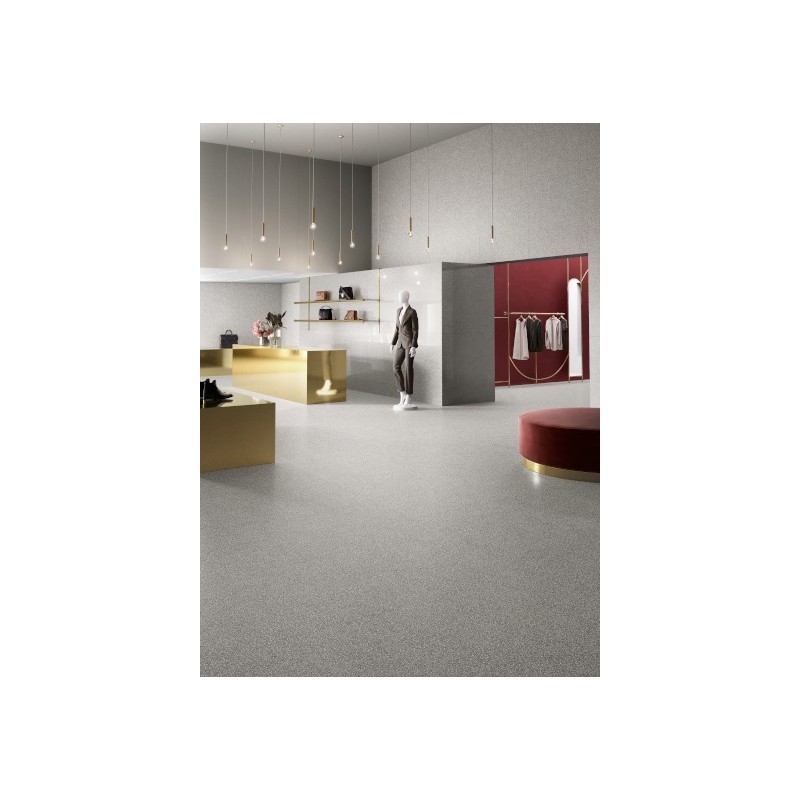 Carrelage effet terrazzo et granito, magasin, XXL 120x120cm rectifié, santanewdeco grey mat