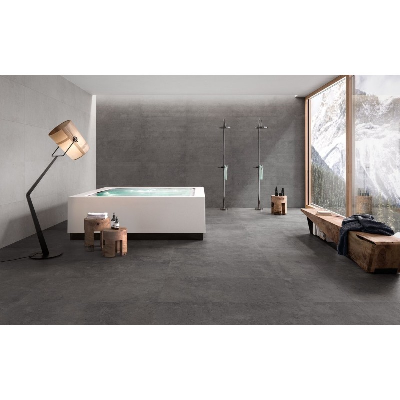 Carrelage salle de bain imitation pierre moderne 90x90cm rectifié, santastone dark au sol et au mur R10