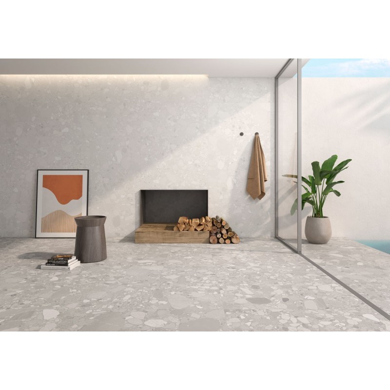 Carrelage imitation terrazzo uni gris clair mat rectifié 60x60cm, 60x120cm, Géocolorado perla