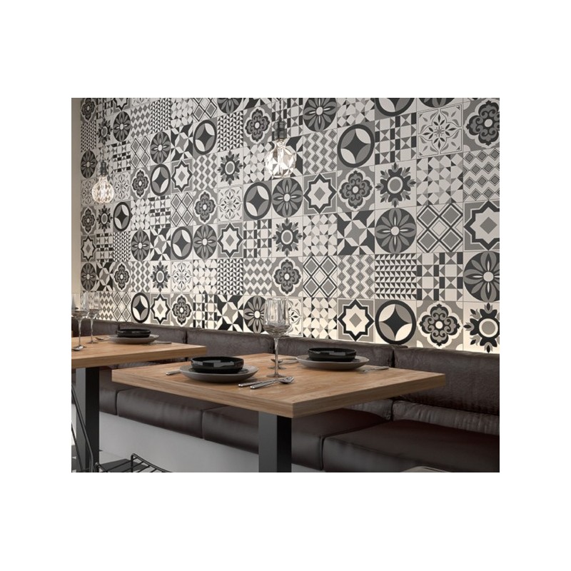 Carrelage imitation carreau ciment patchwork noir et blanc, promotion, 22.3x22.3cm geovendome