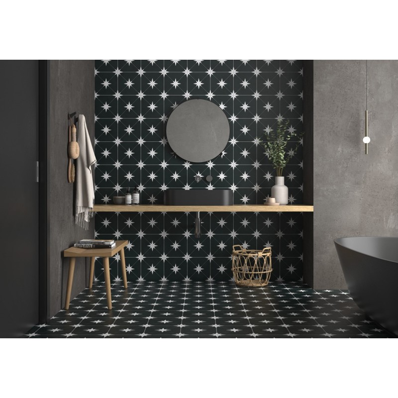 Carrelage etoile blanche sur fond noir, imitation carreau ciment, promotion, 22.3x22.3cm geoponent black