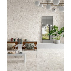 Carrelage imitation terrazzo ivoire poli brillant rectifié 120x120, 89x89, 60x120, 60x60cm, santavenistone ivory