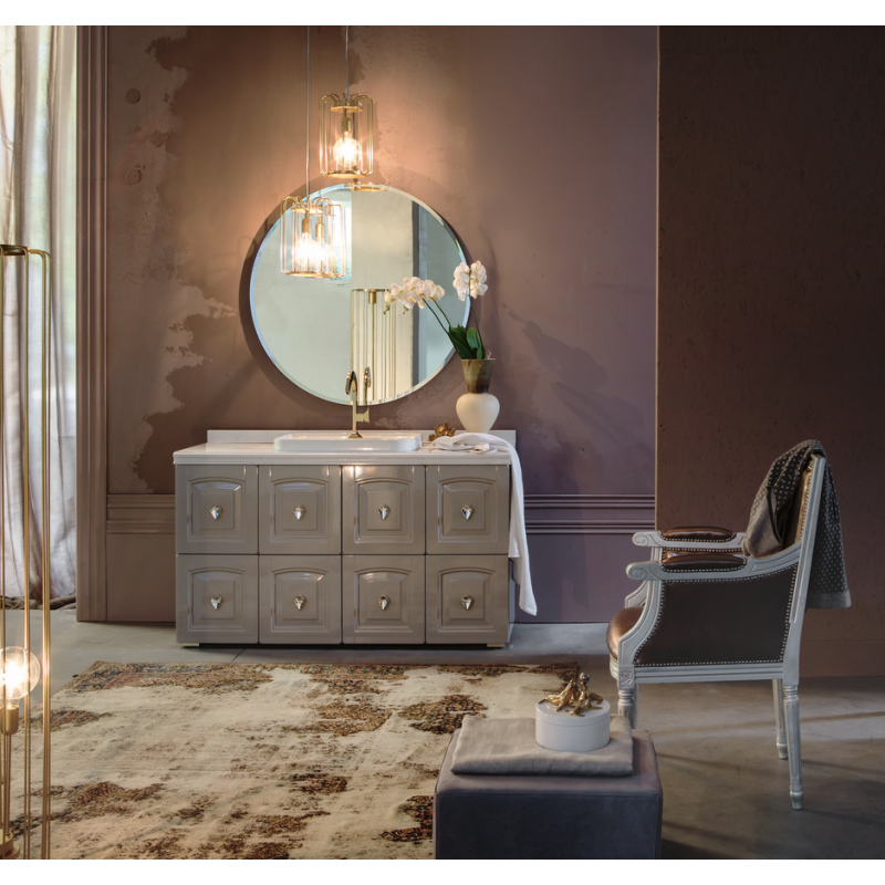 Meuble de salle de bain de style art-déco, rétro laqué brillant taupe et un miroir rond comp AC12