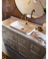Meuble de salle de bain de style art-déco, rétro laqué brillant taupe et un miroir rond comp AC12