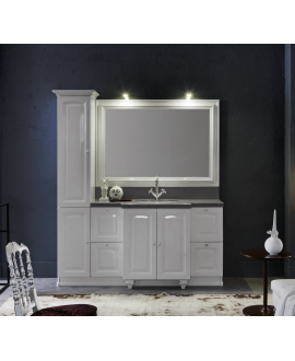Meuble de salle de bains de style art-déco laqué blanc brillant compact avec un plan en marbre et un miroir