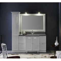 Meuble de salle de bains de style art-déco laqué blanc brillant compact avec un plan en marbre et un miroir