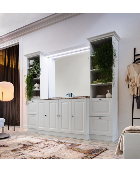 Ensemble de salle de bains de style ancien, rétro, art-déco avec un meuble laqué blanc mat et un miroir 140x111.8cm AC17