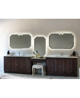 Meuble de salle de bains de style ancien, rétro, art-déco couleur frêne foncémat double vasque et 3 miroirs AC19
