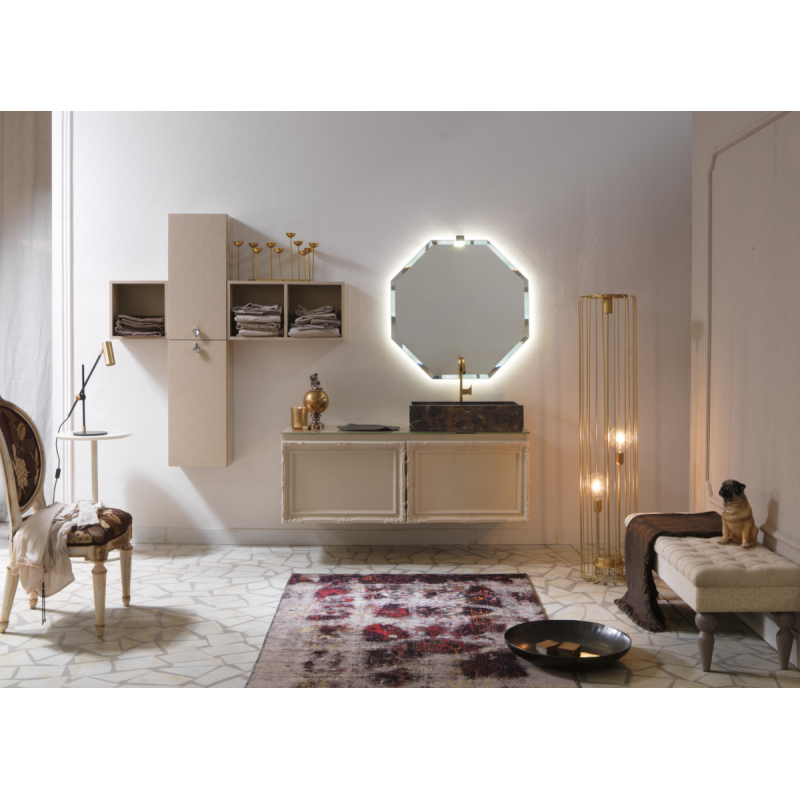 Meuble de salle de bain de style art-déco, rétro beige mat avec armoire et miroir comp DH20