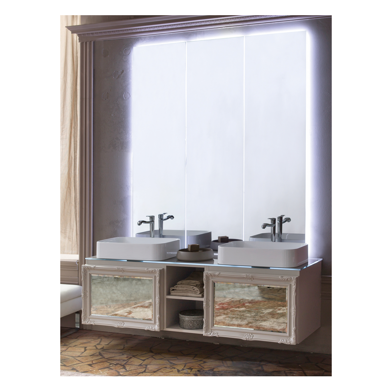 Meuble de salle de bain double vasque de style art-déco, rétro laqué beige mat avec miroir comp DH16